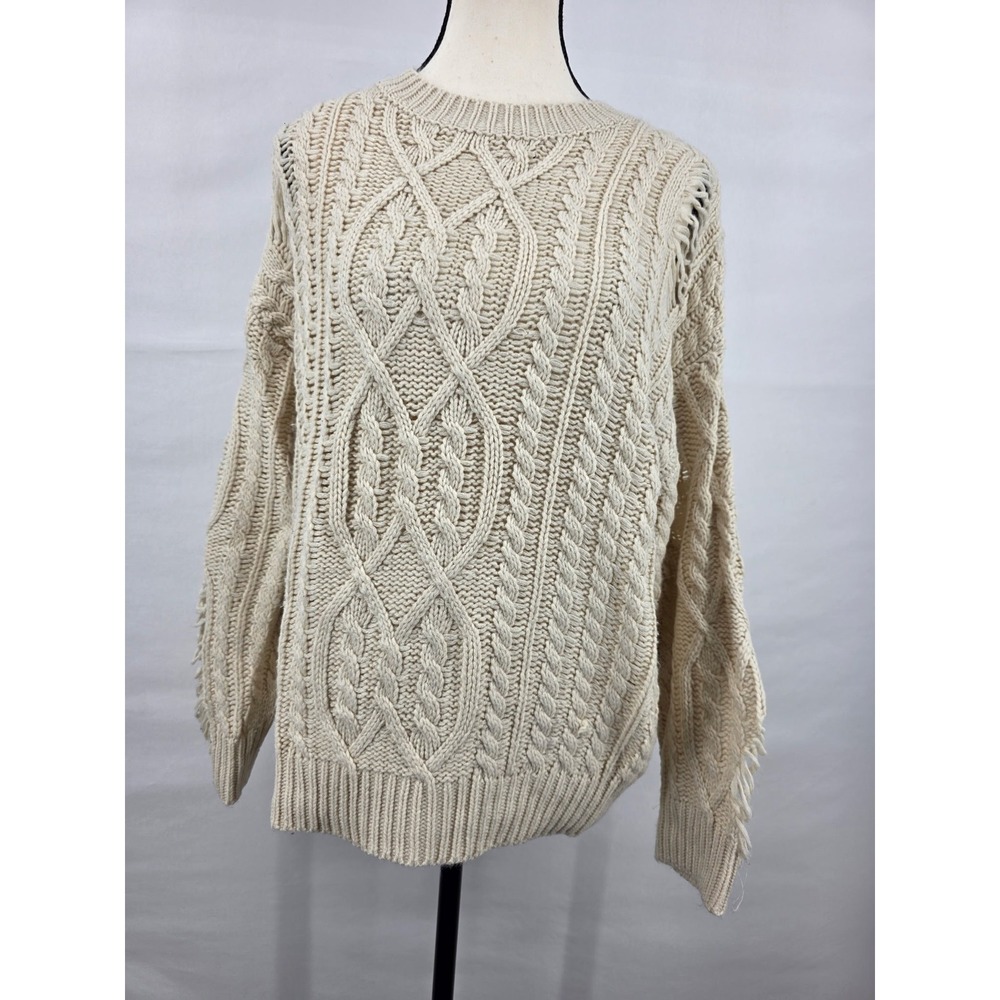 Entro Womens Distressed Cable Knit Sweater Cream Ivory Chunky Pullover Small
